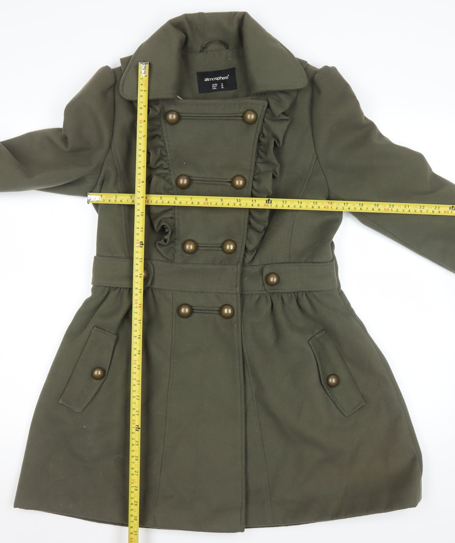 Atmosphere Women's Khaki Military Ruffle Double Breasted Coat Size 12