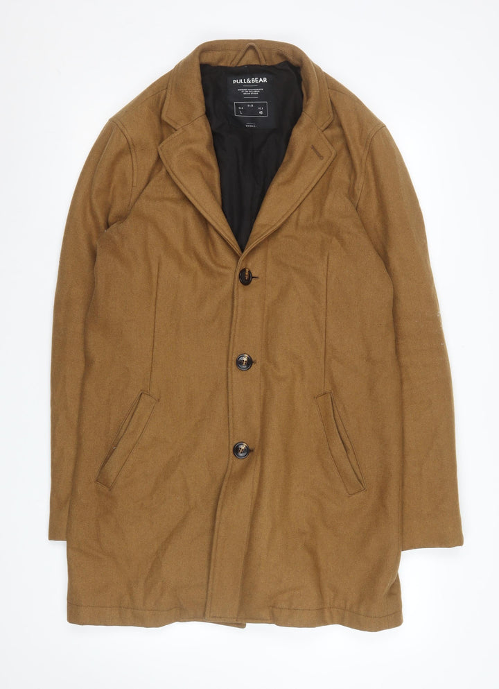 Pull & Bear Men's Brown Wool Blend Mid-Length Overcoat L