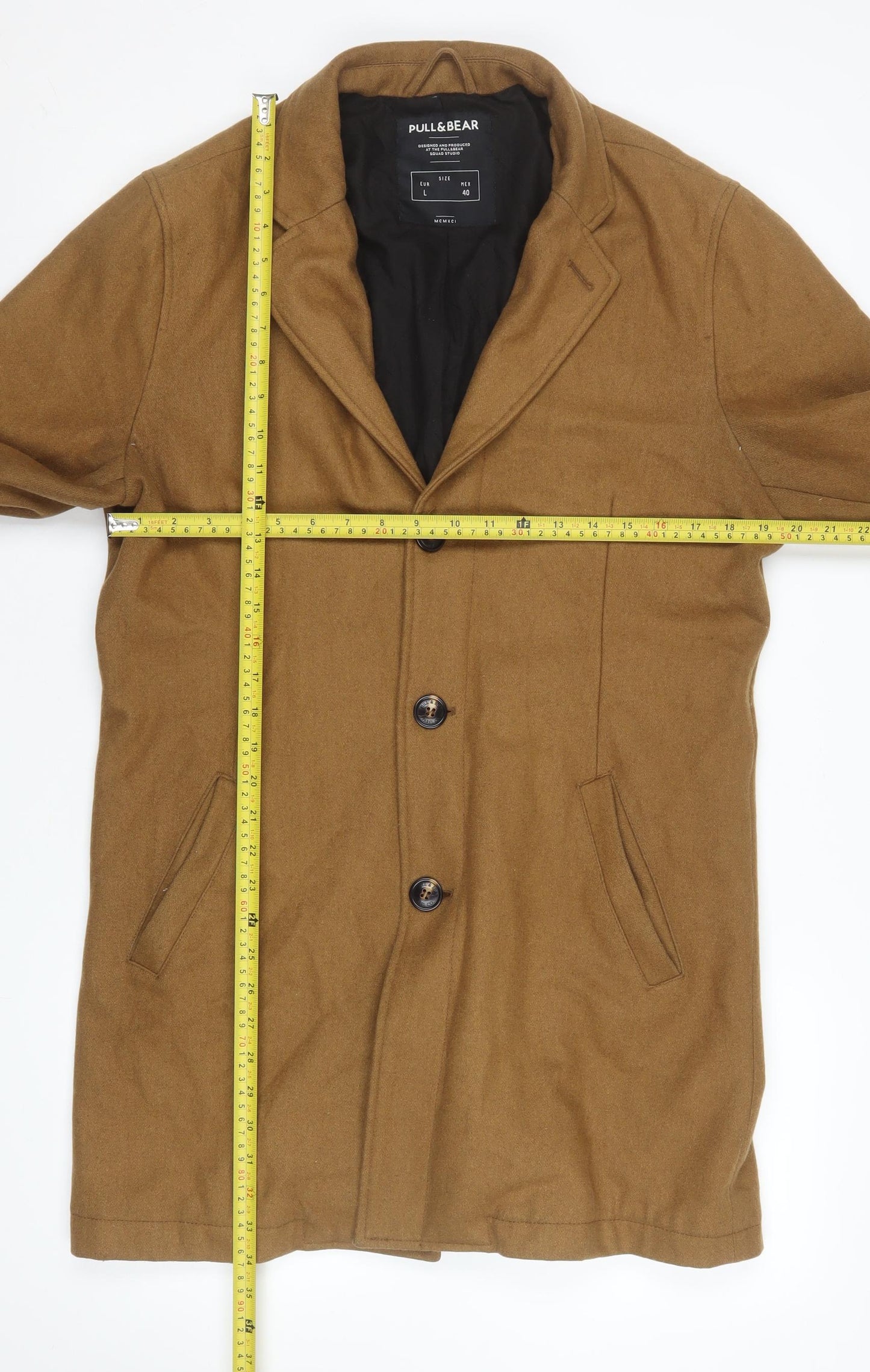 Pull & Bear Men's Brown Wool Blend Mid-Length Overcoat L