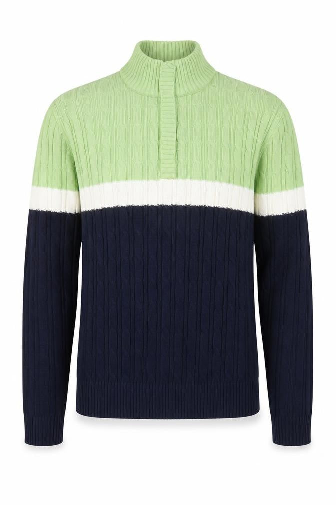 Front view of Liz & Co Men’s Multicoloured Cable Knit High Neck Cotton Jumper XL