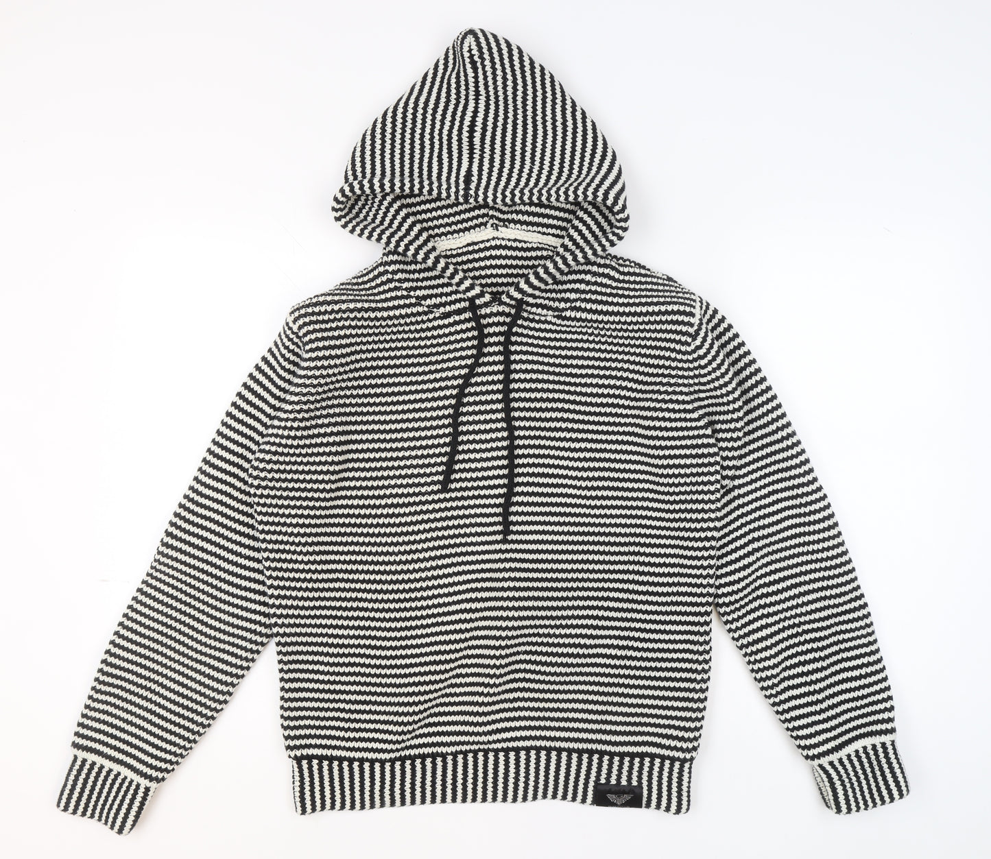 G-Nious Men's Black White Striped Hooded Cotton Pullover Jumper Size M