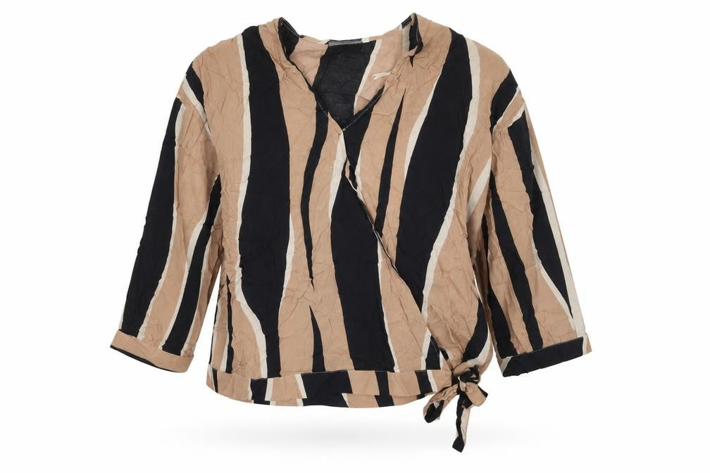 Front view of Mint Velvet women’s multicoloured stripe wrap blouse, size UK 16