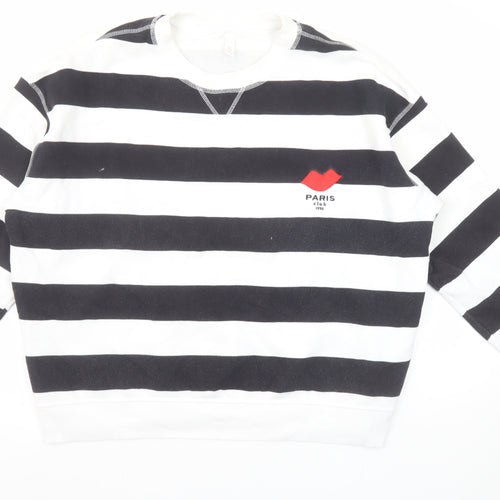H&M Women Black White Striped Paris Club Sweatshirt Size 14 L