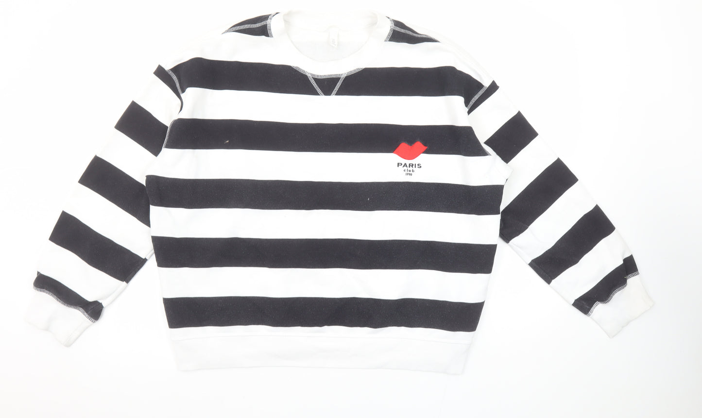 H&M Women Black White Striped Paris Club Sweatshirt Size 14 L