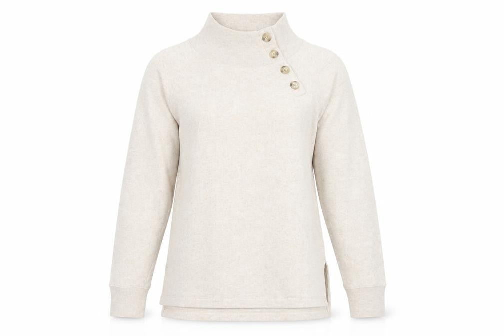 Front view of J.Crew Women Beige Button Henley Pullover Sweatshirt XS