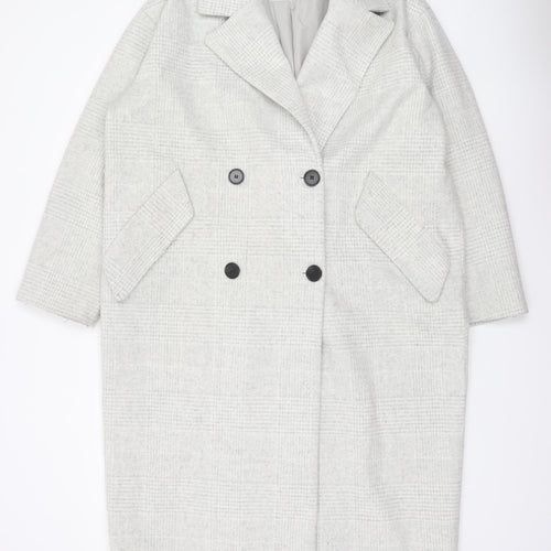 Monki Womens Grey Checked Wool Blend Long Overcoat Size 12
