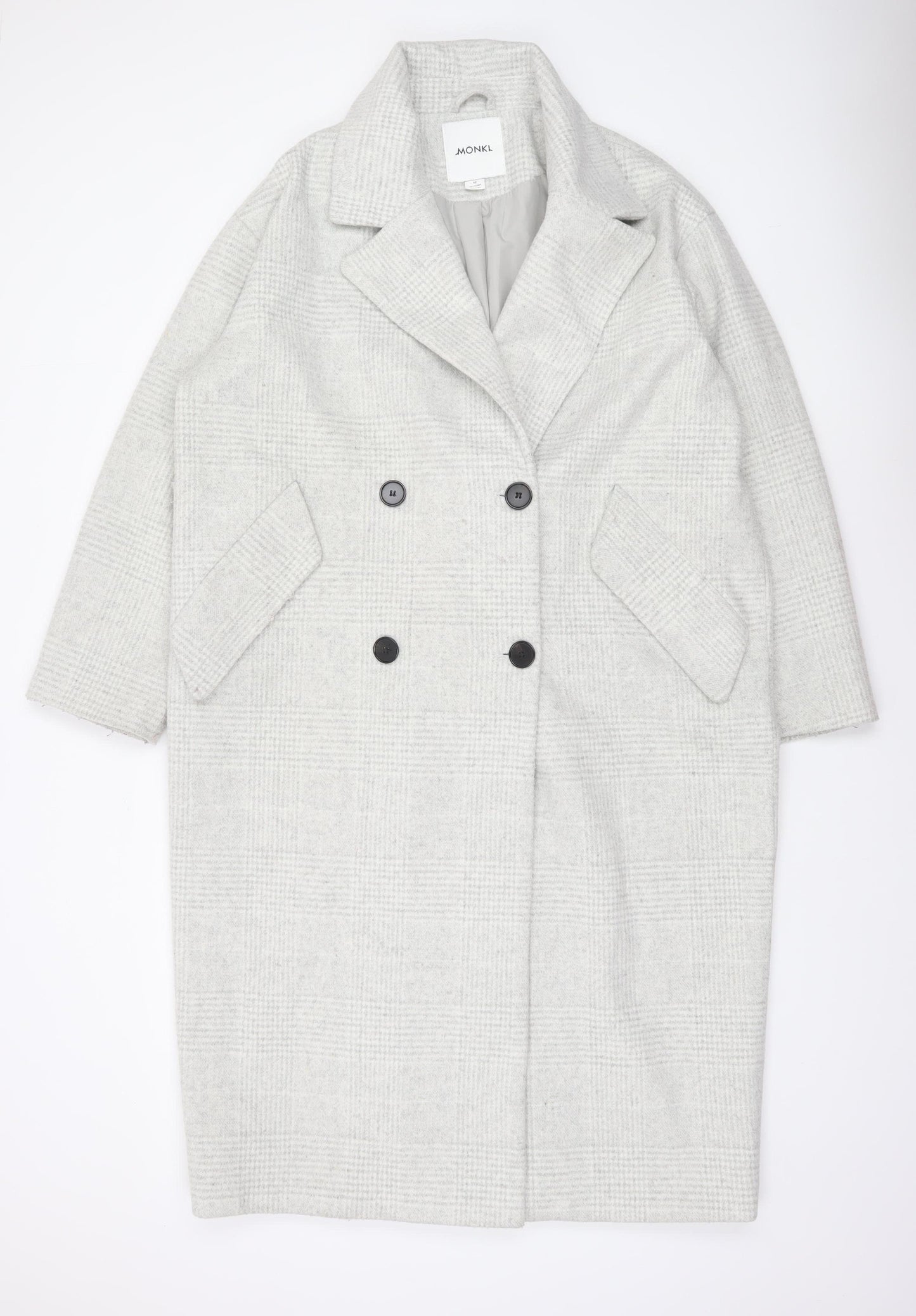 Monki Womens Grey Checked Wool Blend Long Overcoat Size 12