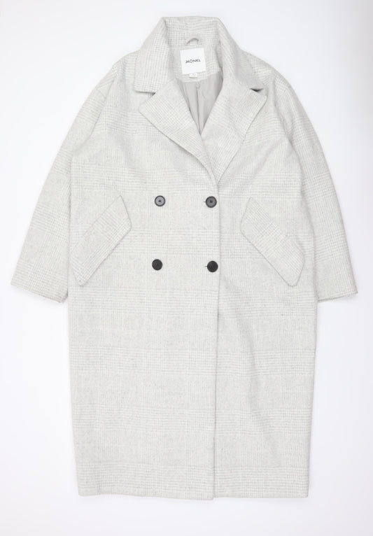 Monki Womens Grey Checked Wool Blend Long Overcoat Size 12