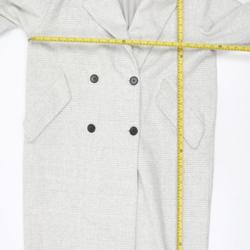 Monki Womens Grey Checked Wool Blend Long Overcoat Size 12