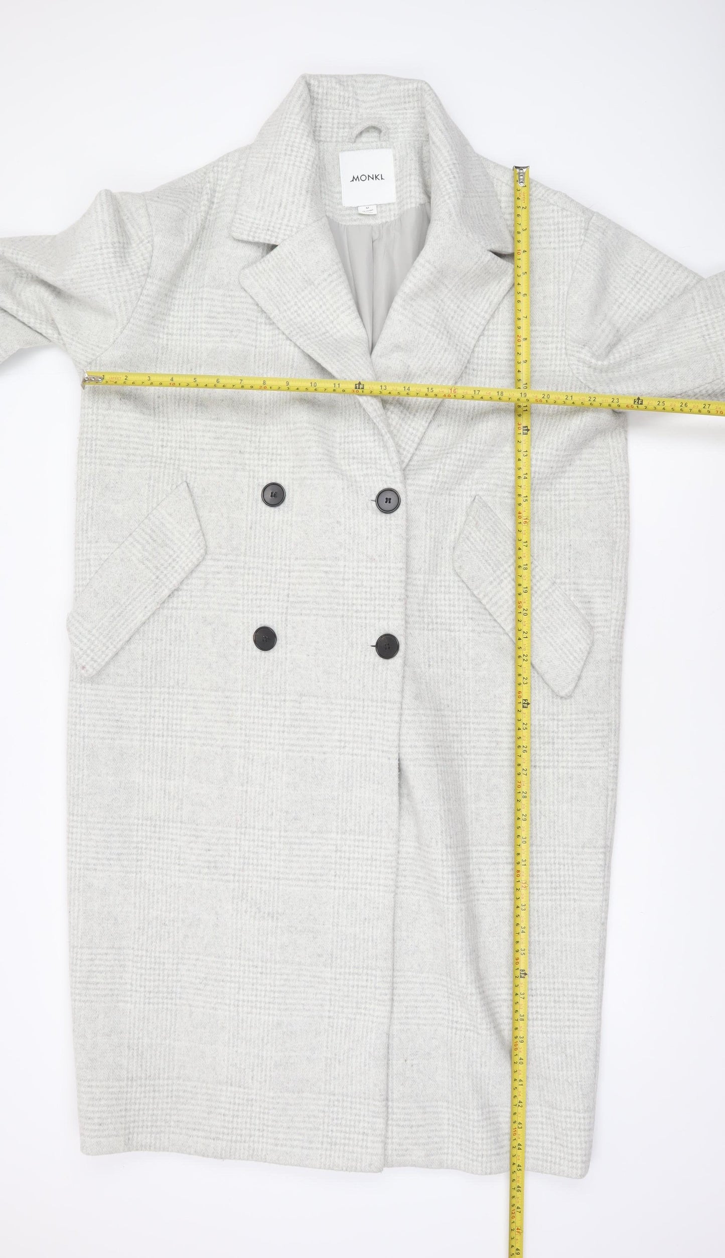 Monki Womens Grey Checked Wool Blend Long Overcoat Size 12