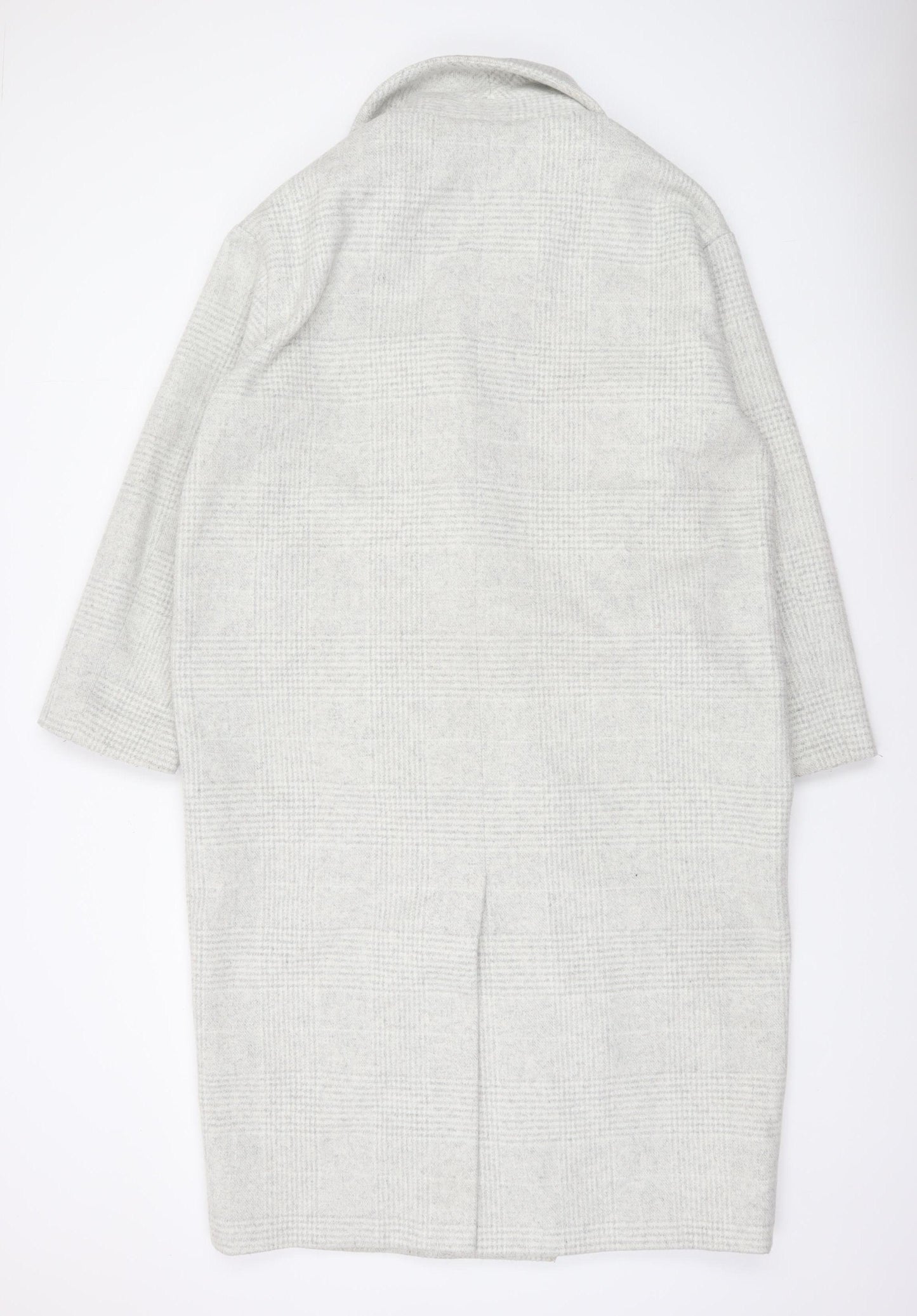 Monki Womens Grey Checked Wool Blend Long Overcoat Size 12