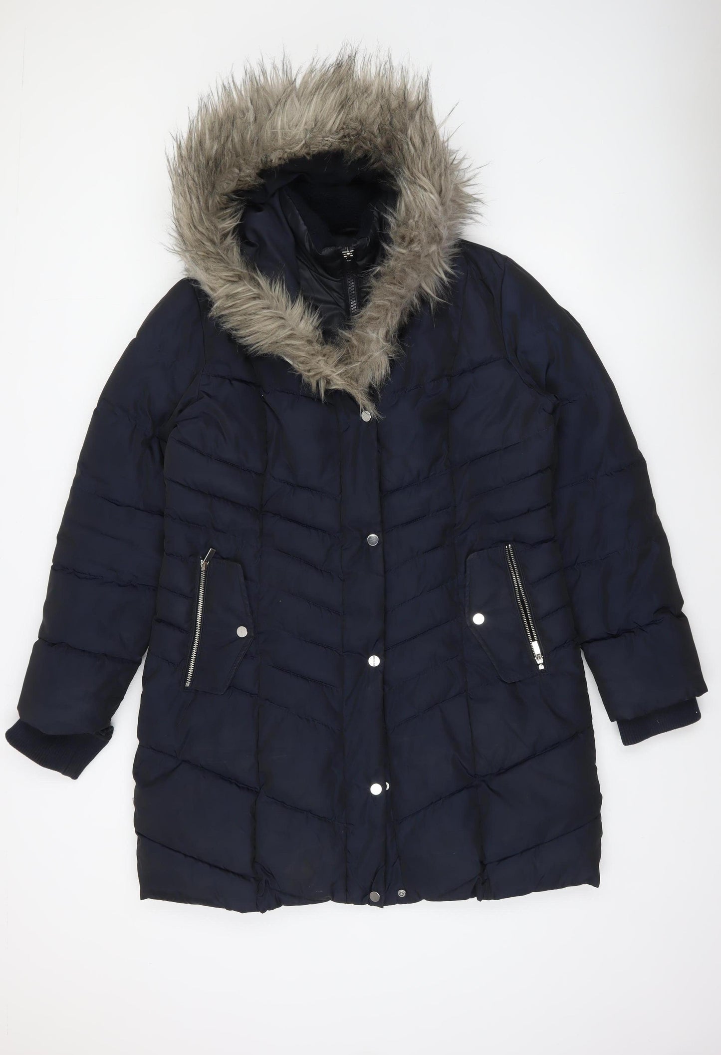 Next Women’s Blue Long Puffer Coat 12 Hooded Faux Fur Trim Winter Jacket