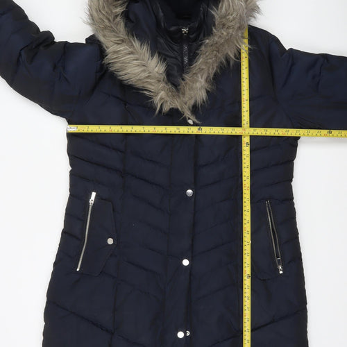 Next Women’s Blue Long Puffer Coat 12 Hooded Faux Fur Trim Winter Jacket