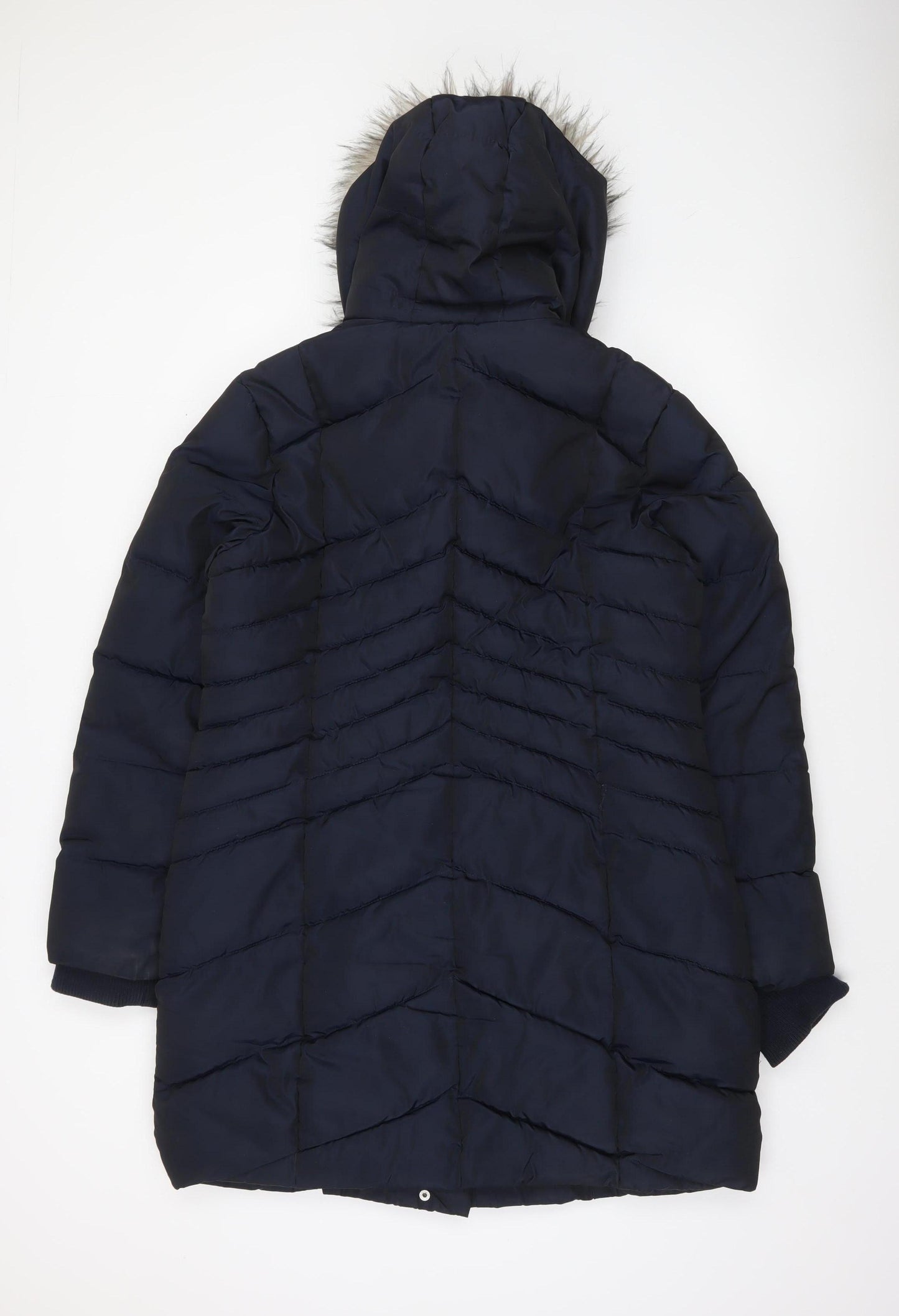 Next Women’s Blue Long Puffer Coat 12 Hooded Faux Fur Trim Winter Jacket