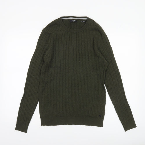 Jack & Jones Men’s Green Cable-Knit Cotton Pullover Jumper Size M