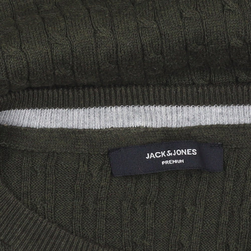 Jack & Jones Men’s Green Cable-Knit Cotton Pullover Jumper Size M