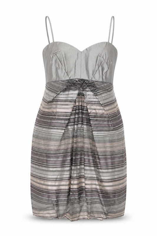 Front view of Principles women’s grey striped bodycon dress, size UK 14, party cocktail