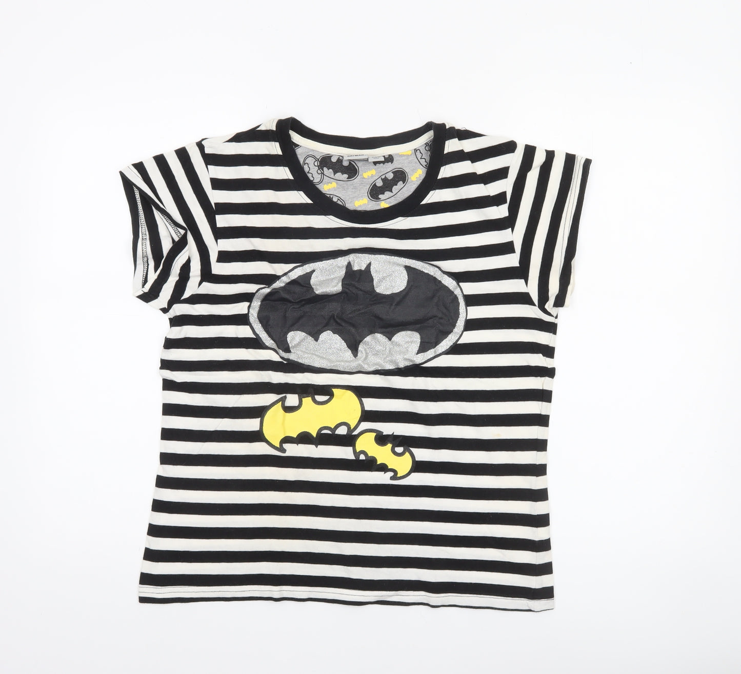 Batman Women’s Black Striped Glitter Logo Cotton T-Shirt Size M