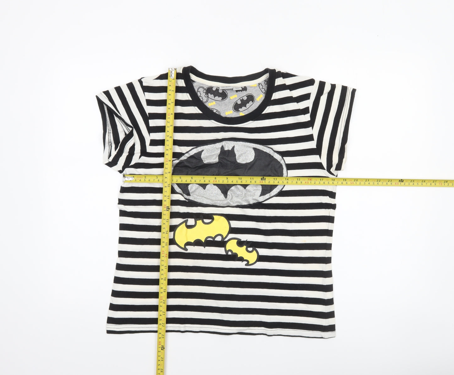 Batman Women’s Black Striped Glitter Logo Cotton T-Shirt Size M