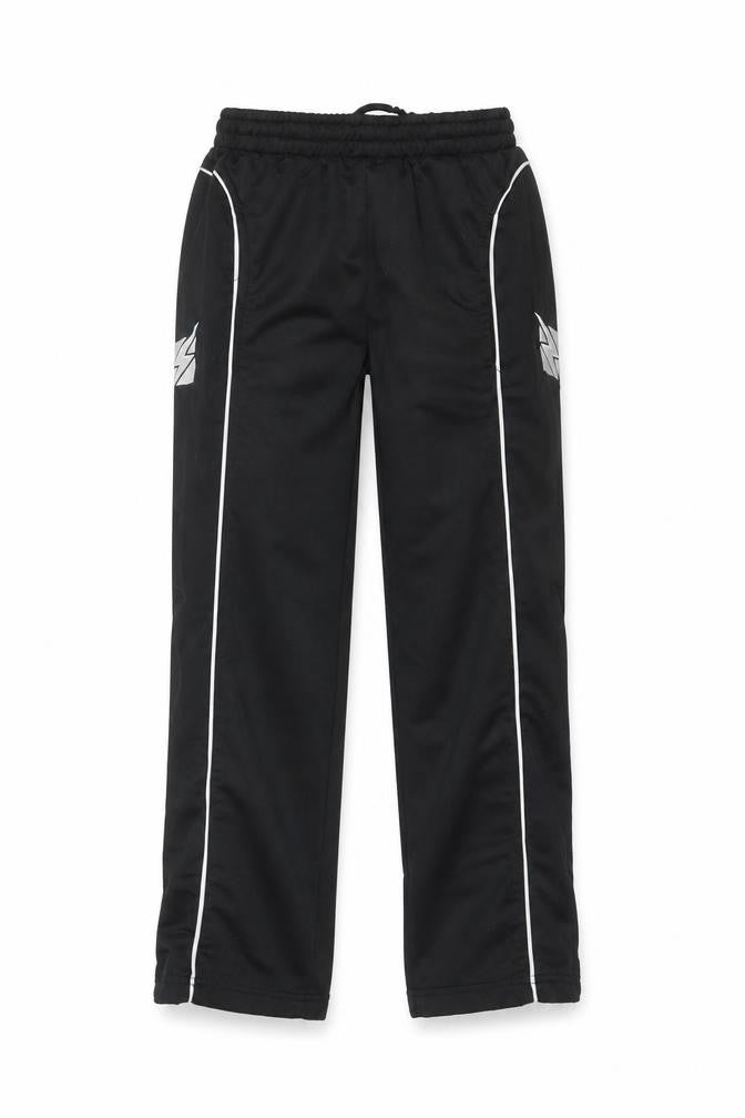 Front view of Zeus boys’ black 2xs jogger trousers with white side stripes