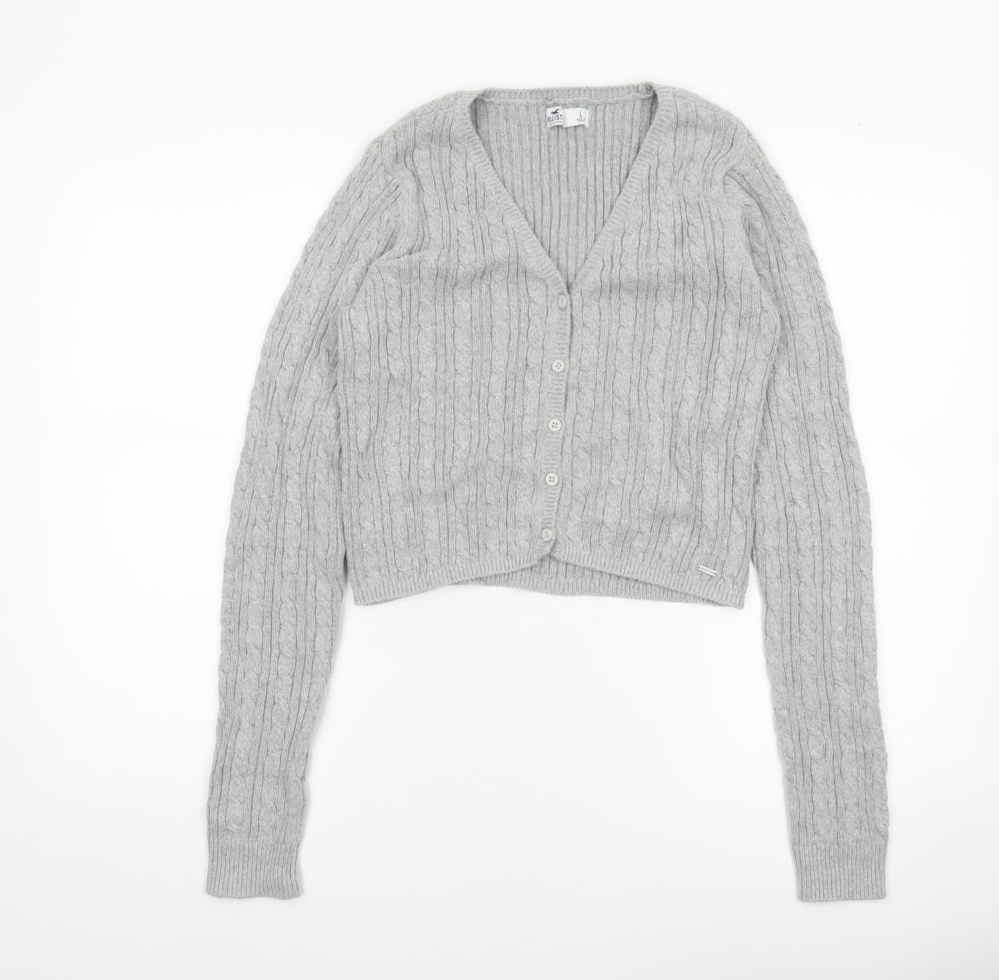 Hollister Womens Grey Cable Knit Cardigan L V-Neck Long Sleeve Jumper