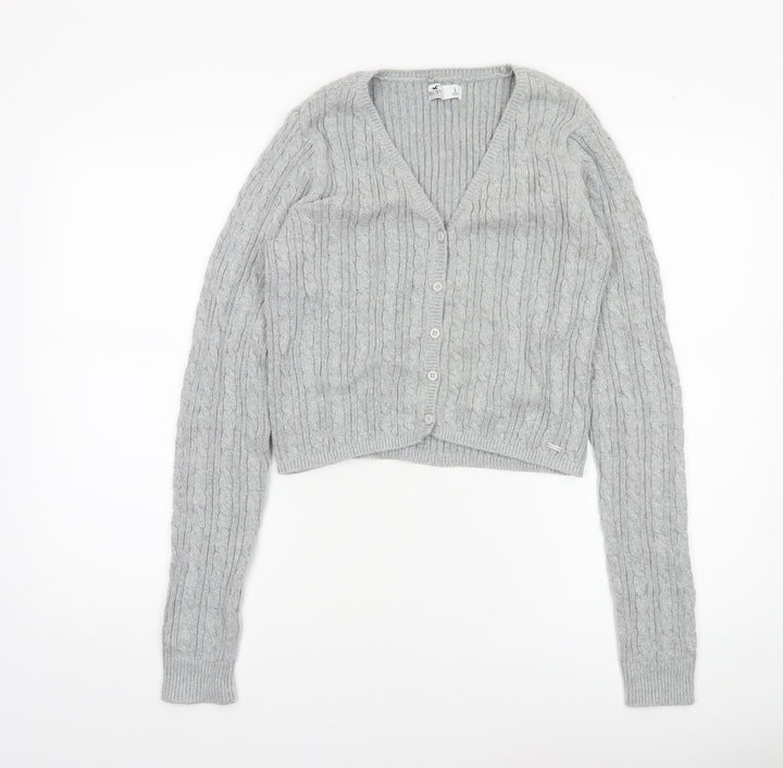 Hollister Womens Grey Cable Knit Cardigan L V-Neck Long Sleeve Jumper