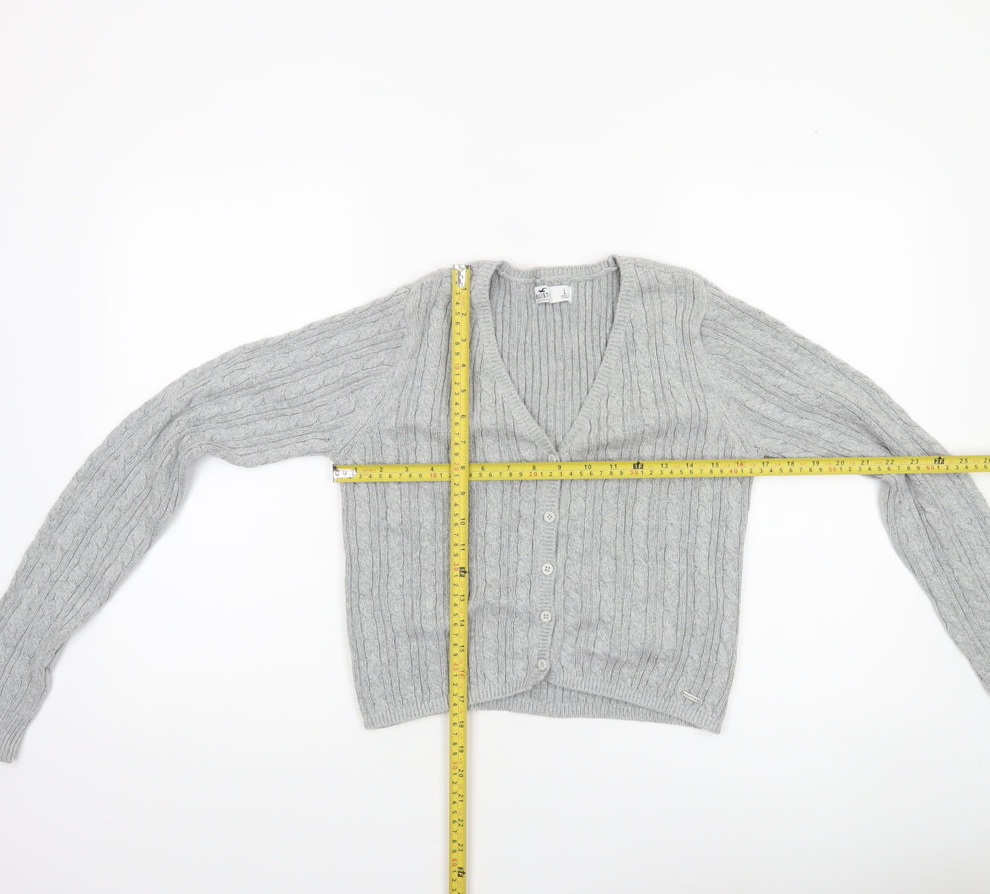 Hollister Womens Grey Cable Knit Cardigan L V-Neck Long Sleeve Jumper