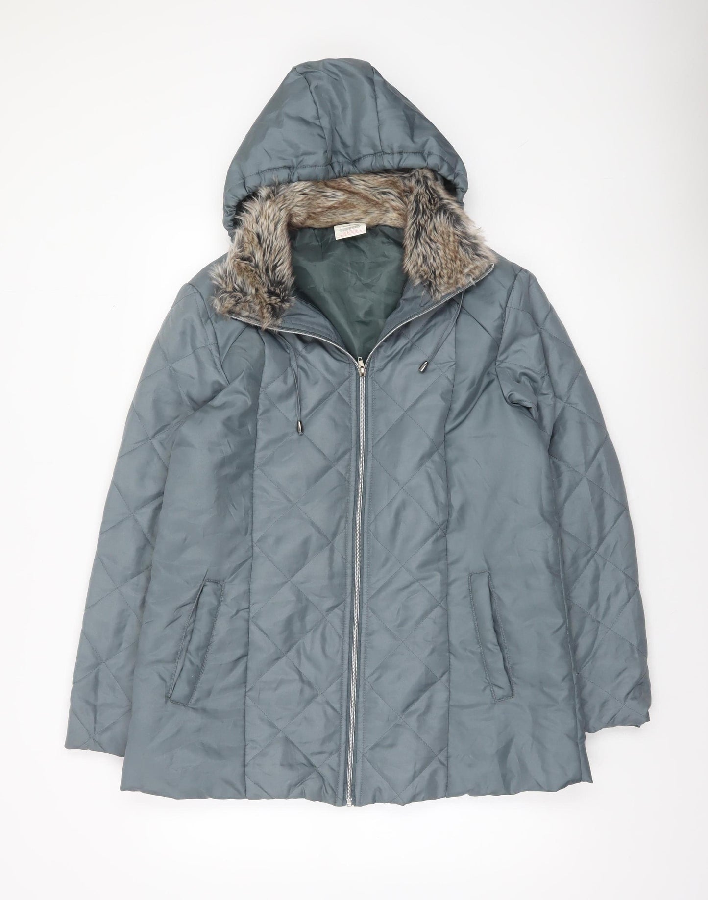 Anne de Lançay Womens Grey Quilted Faux Fur Hooded Puffer Coat S