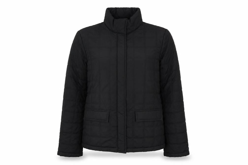 Front view of Bass Women's Black Quilted Puffer Jacket, size M, Mid-Length Polyester