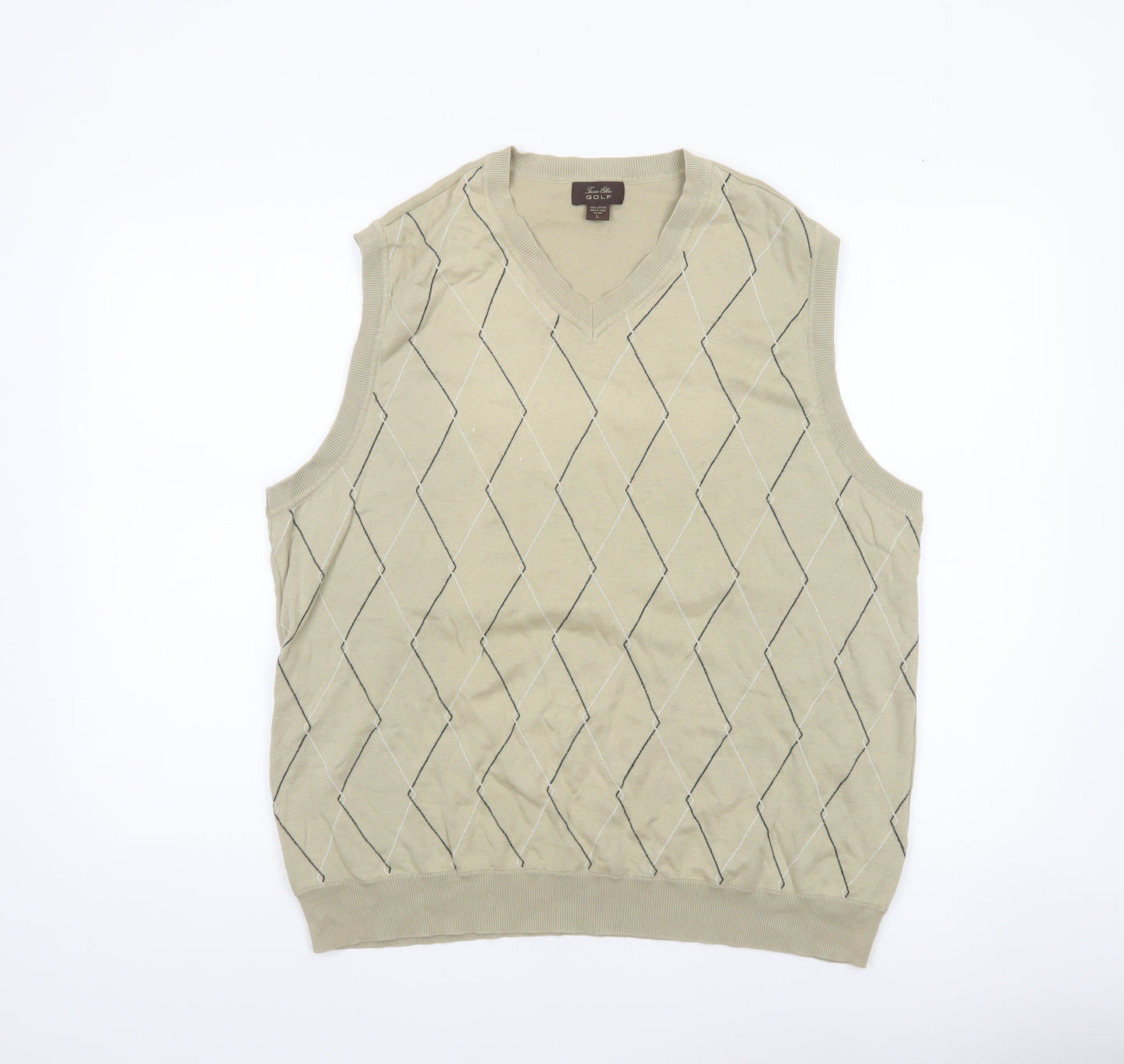 Tasso Elba Men Beige Argyle Cotton Golf Sleeveless Vest L