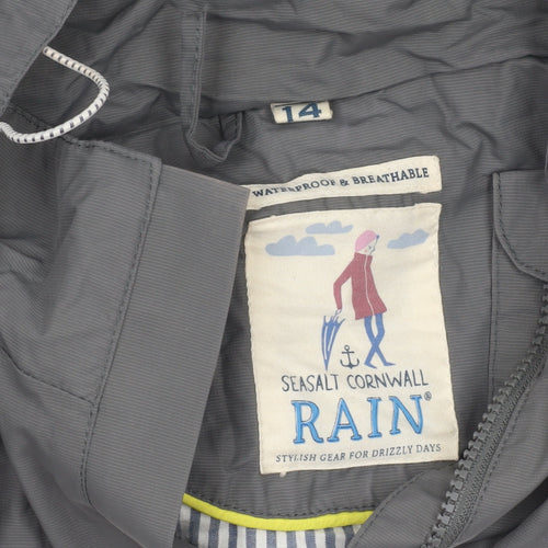 Seasalt Cornwall Women Grey Waterproof Rain Coat Size 14 Hooded Long