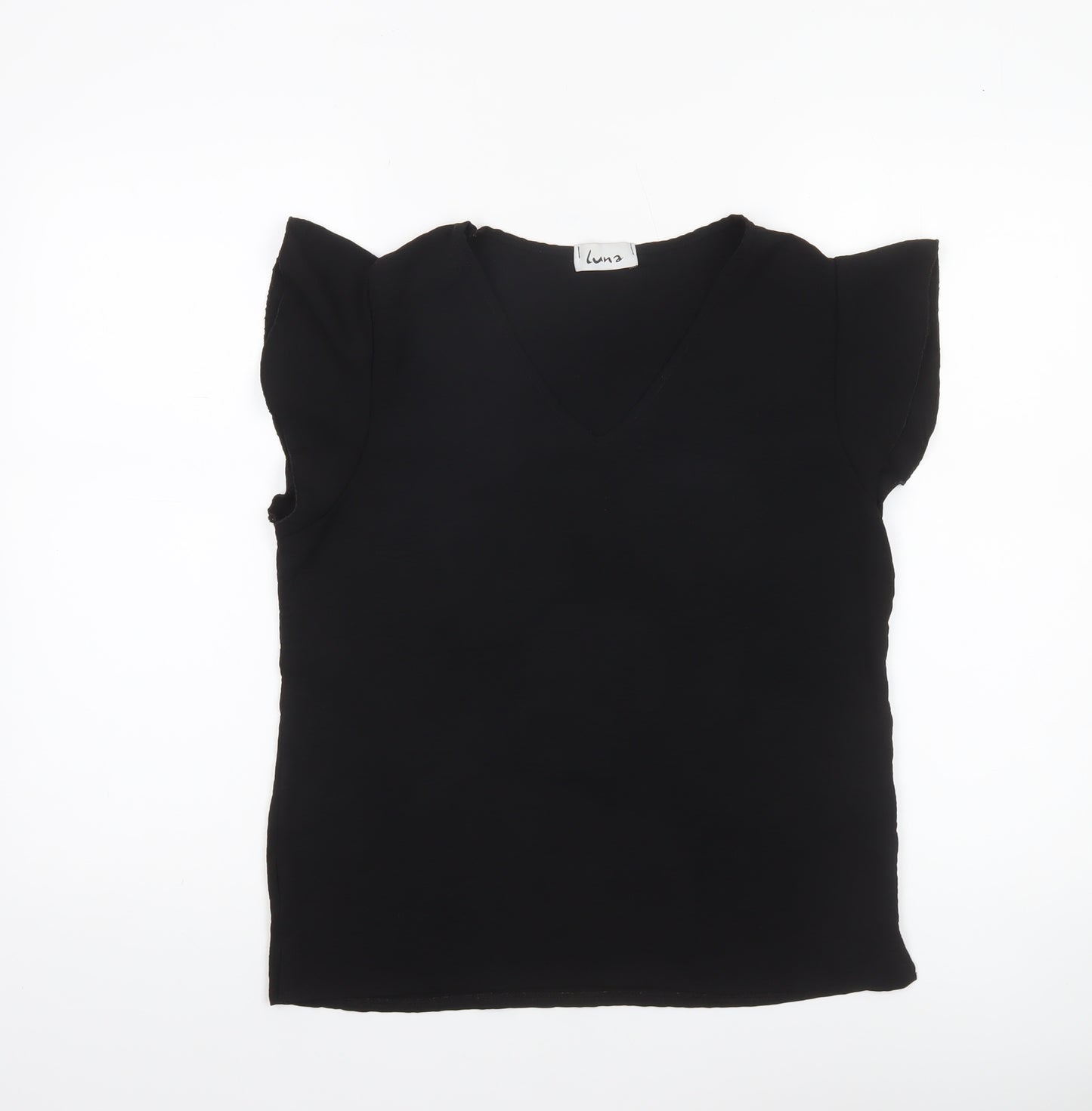 Luna Women Black V-Neck Flutter Sleeve Blouse M