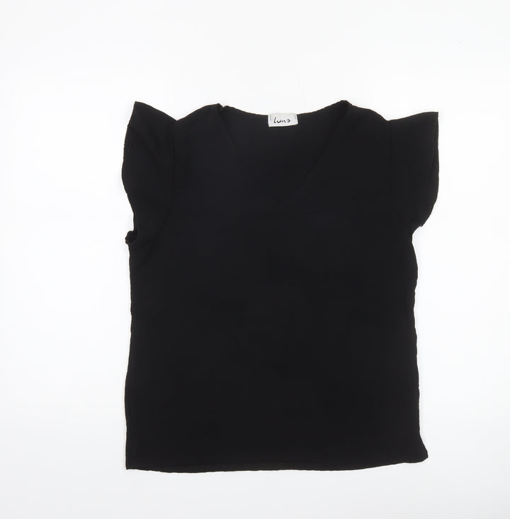 Luna Women Black V-Neck Flutter Sleeve Blouse M