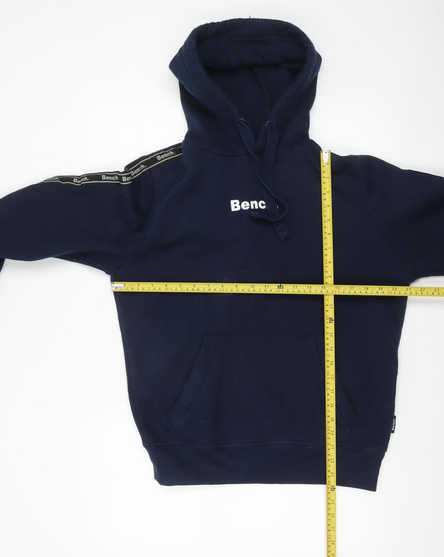 Bench Men’s Blue Pullover Hoodie Size S Logo Tape Sleeves Casual Fleece