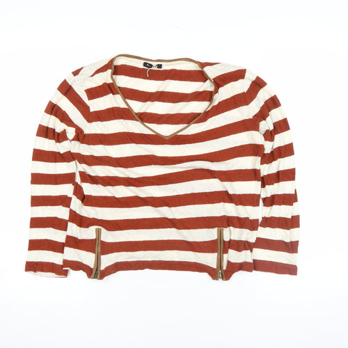 Massimo Dutti Women Brown Stripe Long Sleeve V-Neck Top M