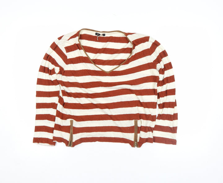 Massimo Dutti Women Brown Stripe Long Sleeve V-Neck Top M