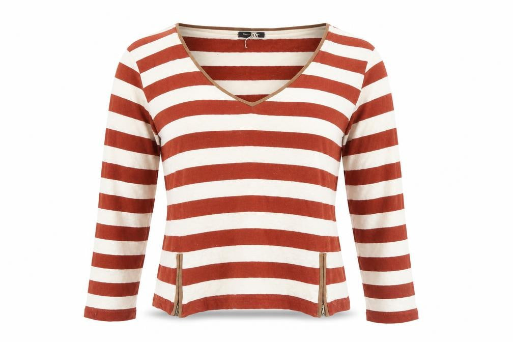 Front view of Massimo Dutti Women Brown Stripe Long Sleeve V-Neck Top M
