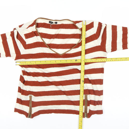 Massimo Dutti Women Brown Stripe Long Sleeve V-Neck Top M