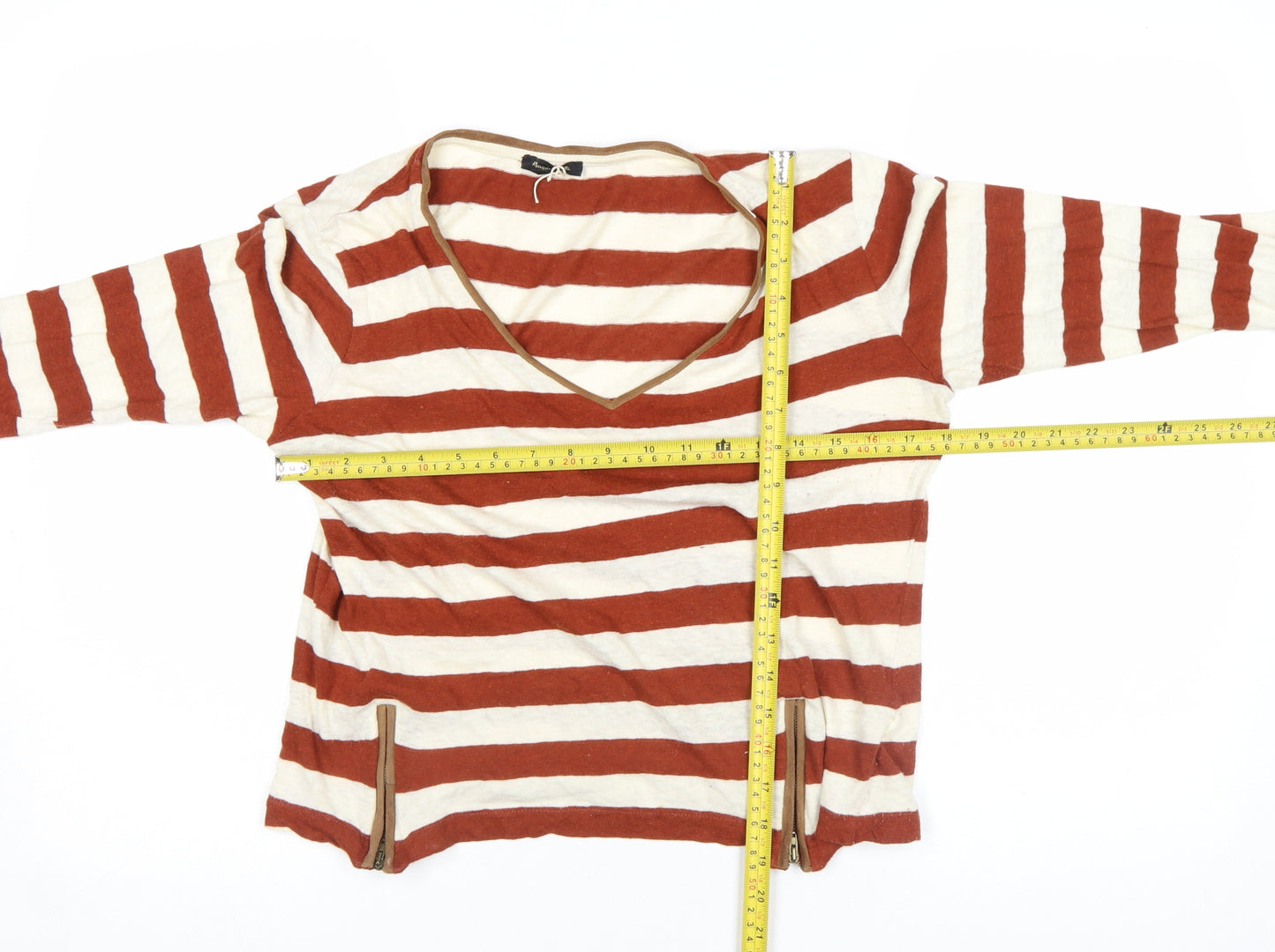 Massimo Dutti Women Brown Stripe Long Sleeve V-Neck Top M
