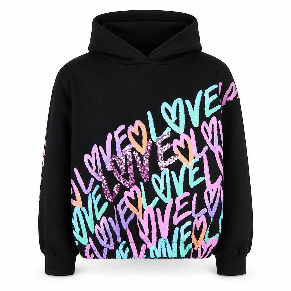 Next Girls Black Sequin Love Hoodie 13 Years Pullover Fleece Sweatshirt