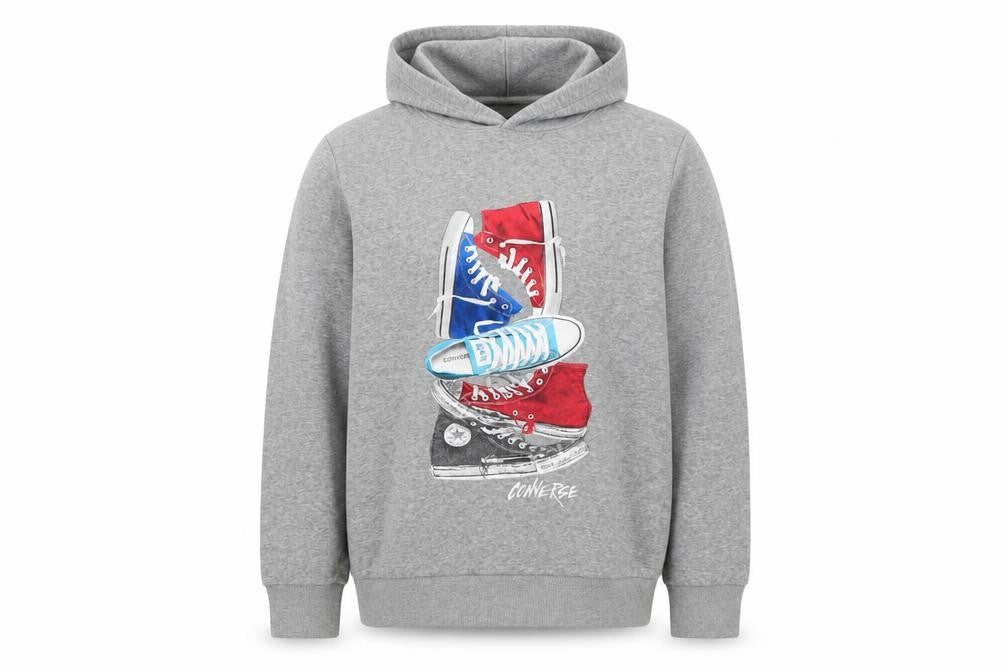 Front view of Converse boys’ grey xl pullover hoodie graphic print fleece sweatshirt