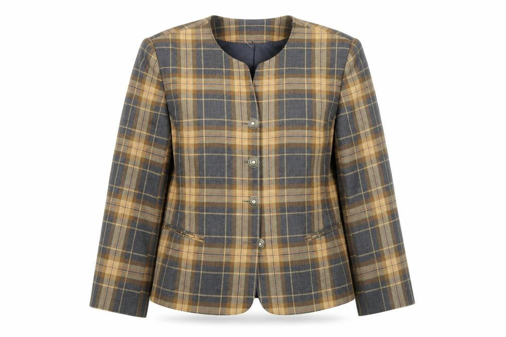 Front view of Avenue Plus Women’s Brown Checked Pure Wool Blazer Jacket Size Regular