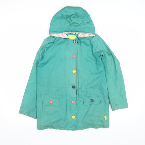 White Stuff Girls Green Hooded Rain Coat 9-10 Years Cotton Lined Mid-Length