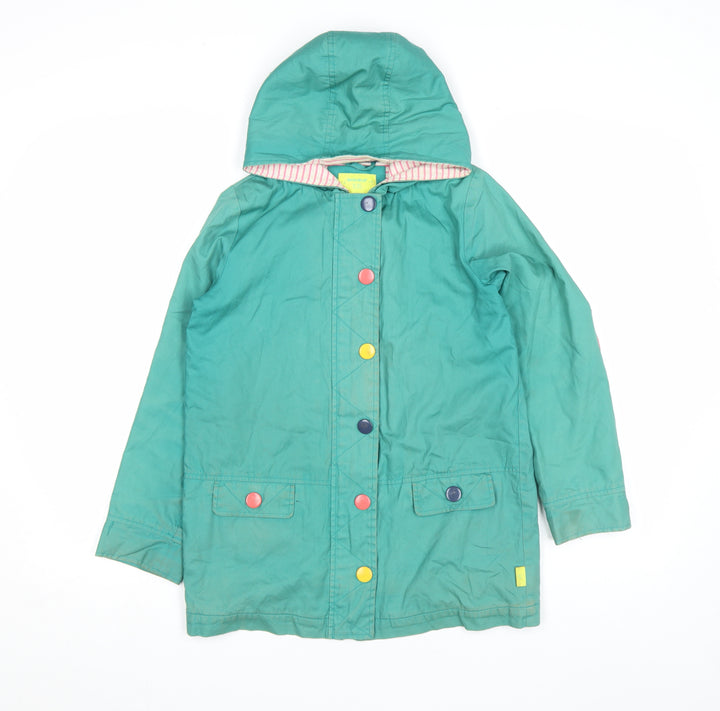 White Stuff Girls Green Hooded Rain Coat 9-10 Years Cotton Lined Mid-Length