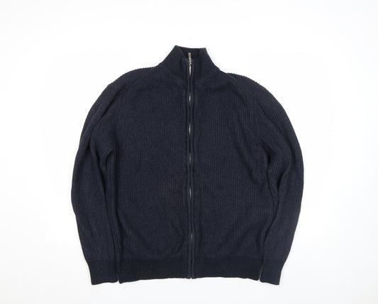 George Men's Blue L Full Zip Cotton Blend Jumper High Neck Knit