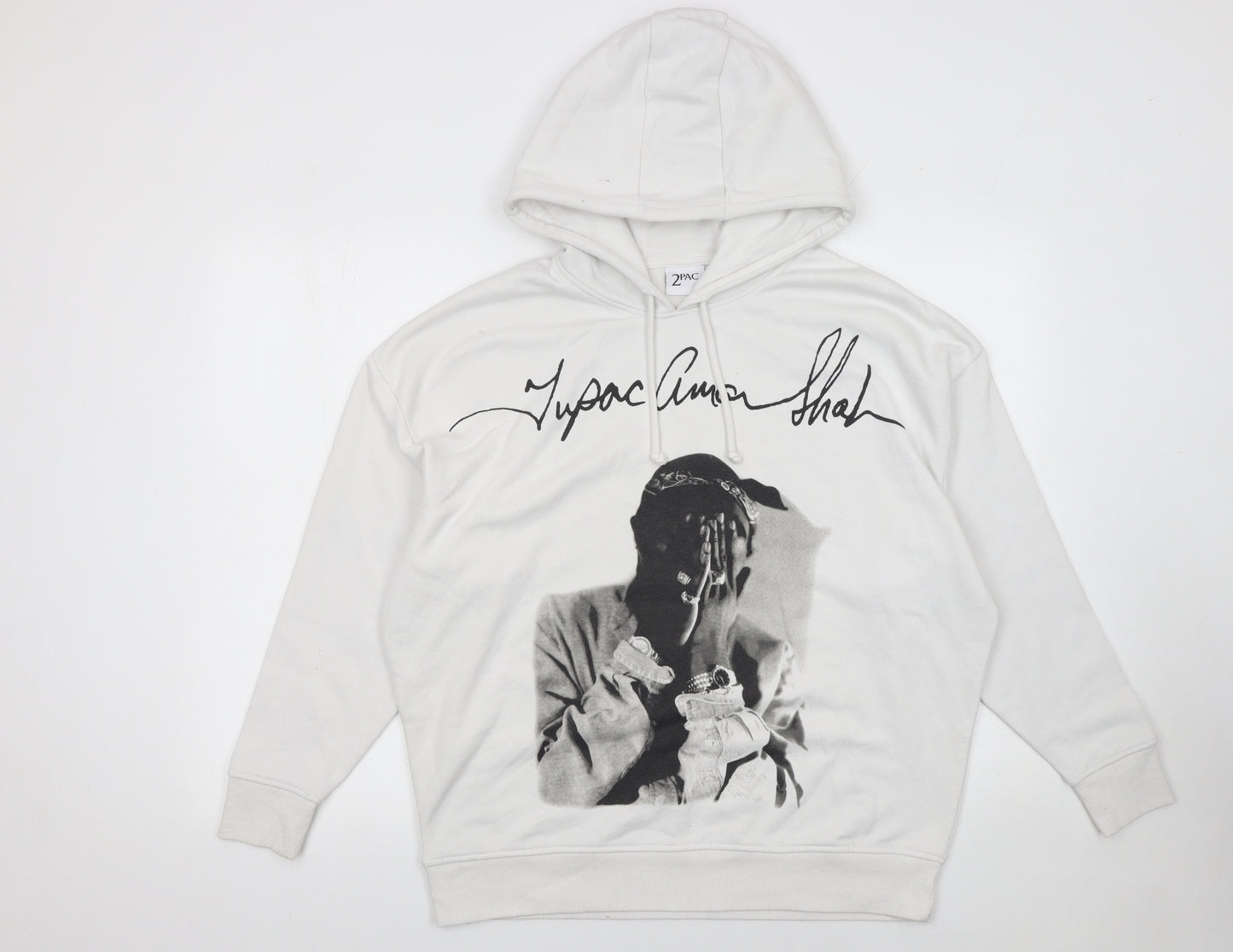 Primark Women’s White Tupac Graphic Hoodie XS Pullover Sweatshirt