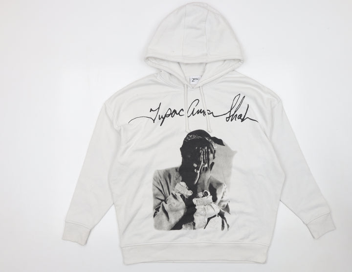 Primark Women’s White Tupac Graphic Hoodie XS Pullover Sweatshirt