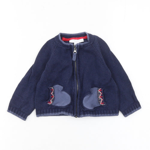 The Little White Company Blue Cotton Full Zip Animal Baby Cardigan 3-6 Months