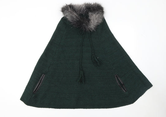Next Women’s Green Chunky-Knit Faux Fur Trim Cape Medium