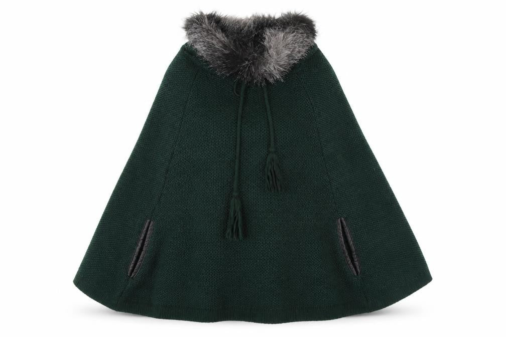 Next Women’s Green Chunky-Knit Faux Fur Trim Cape Medium